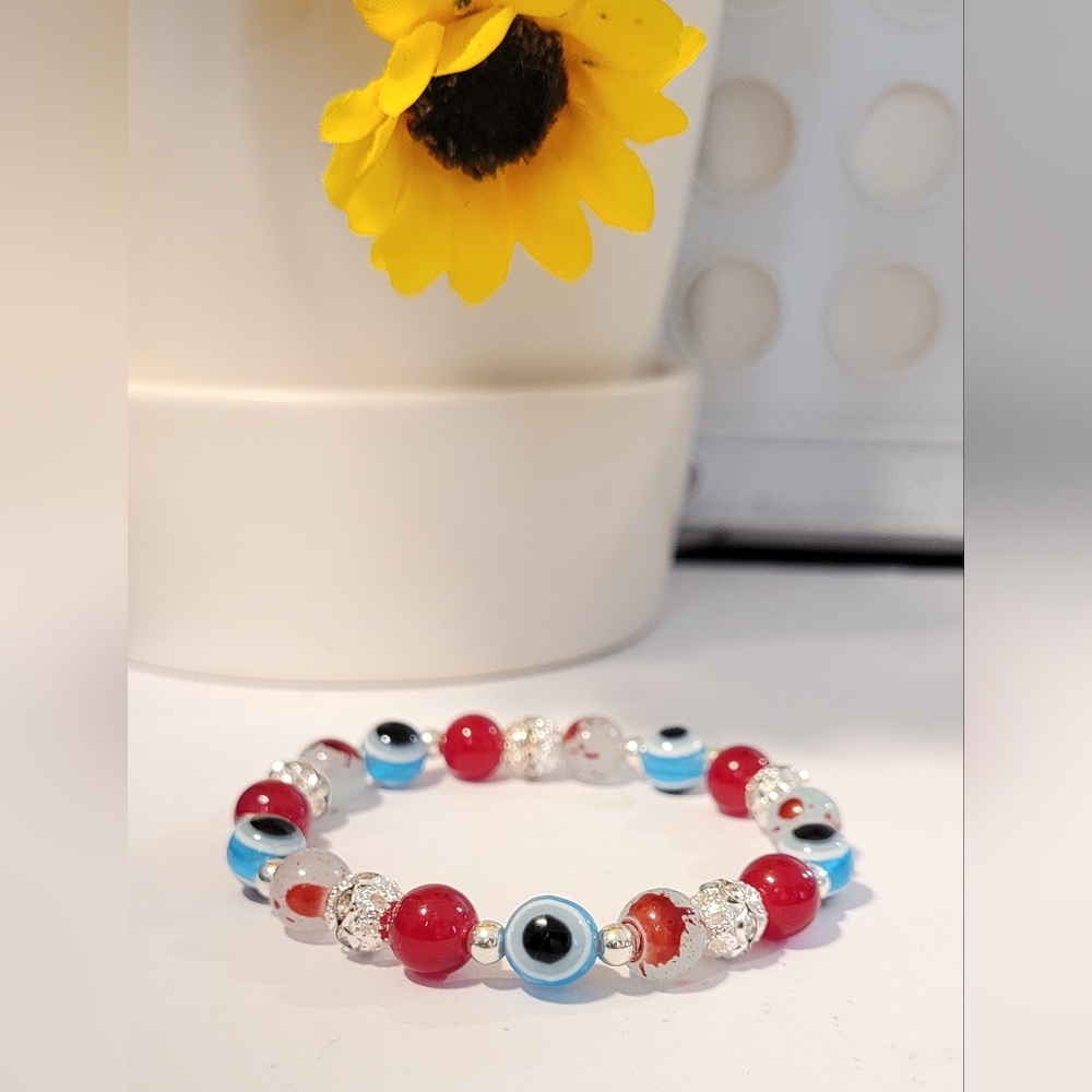 Blue and Red Evil Eye Beaded Protection Mal De Ojo Fashion Bracelet